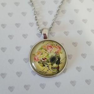 Rose Flower Skull Silver Necklace